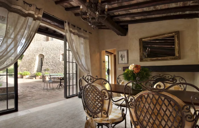 Guest house dining/living with views to the villa.